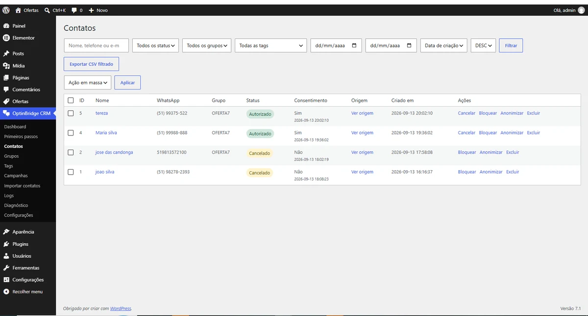 Tela de contatos do OptinBridge CRM
