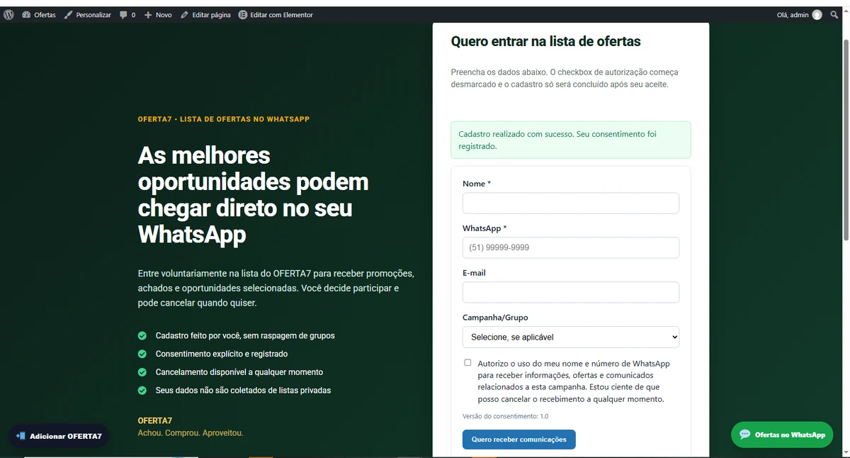 Formulário público de cadastro do OptinBridge CRM