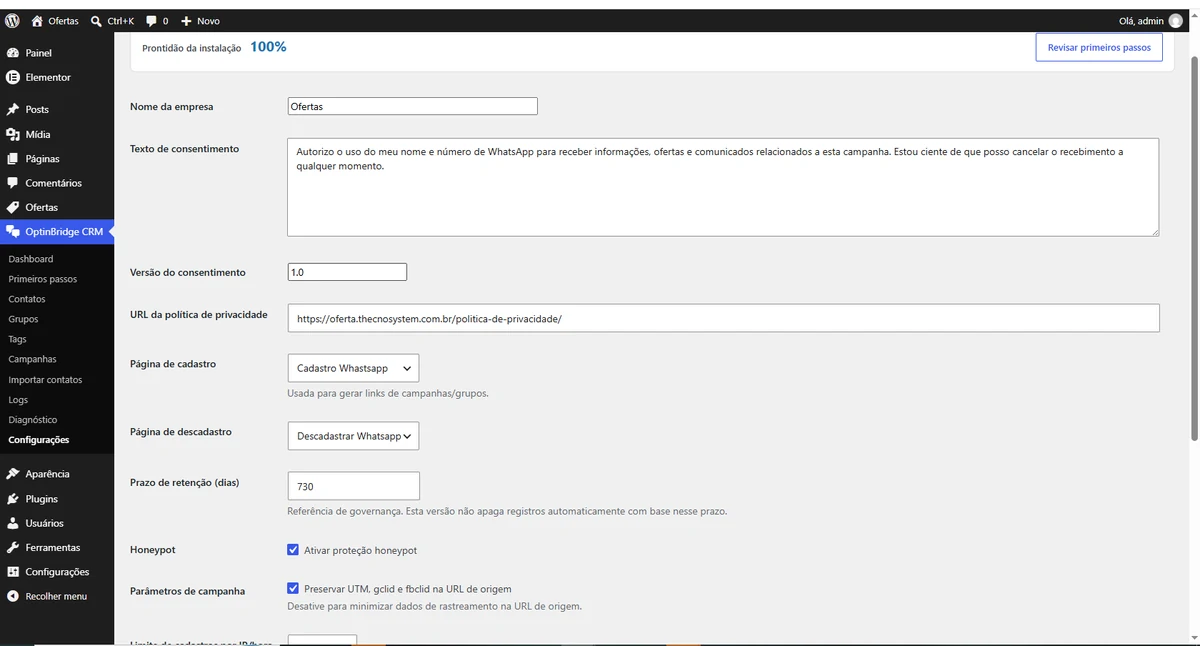 Configurações do OptinBridge CRM